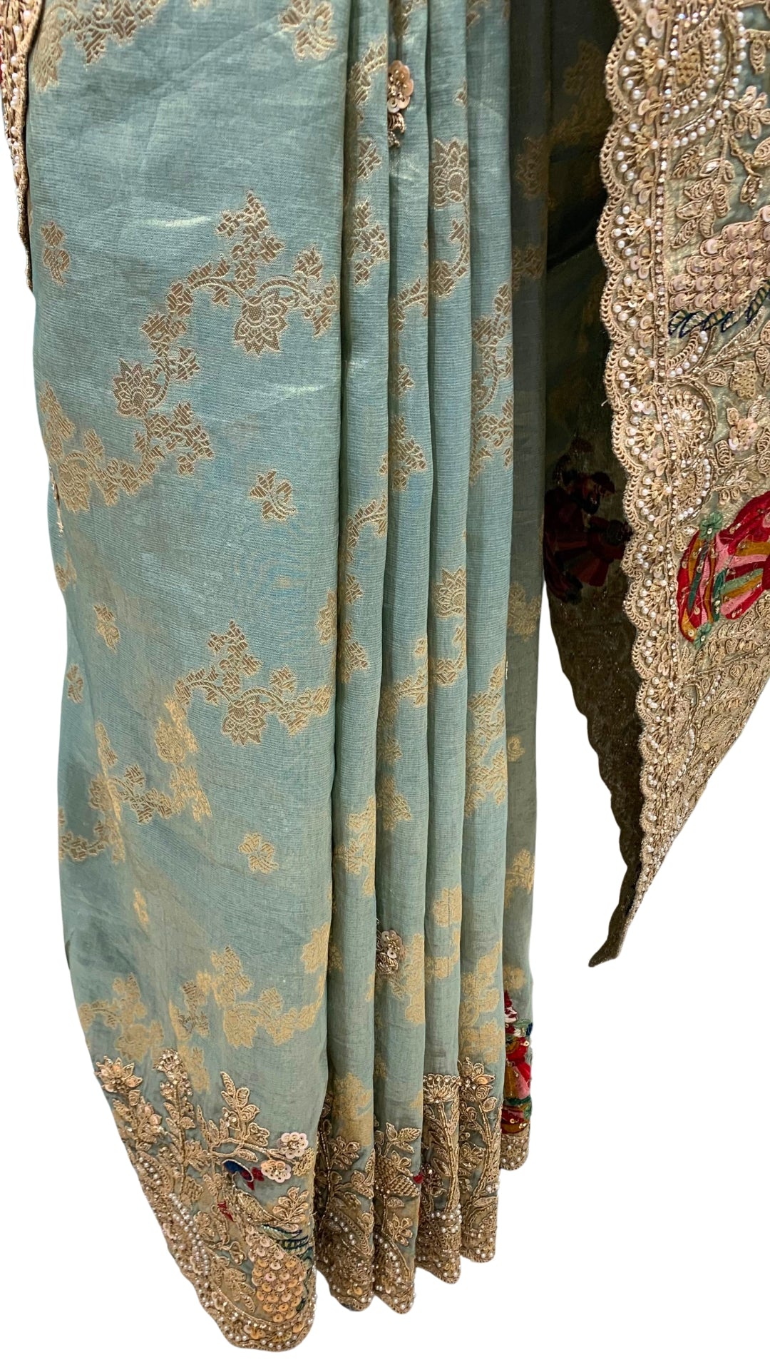 Sage Green Pure Tissue Banarasi Unstitched Saree with Sequins, Zari, Moti & Dori Work
